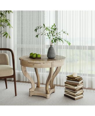 Farmhouse Coffee Table, 31.5" Round Wood Center Table with 2 Storage Drawers and Curved Legs, Small End Table for Living Room, Office