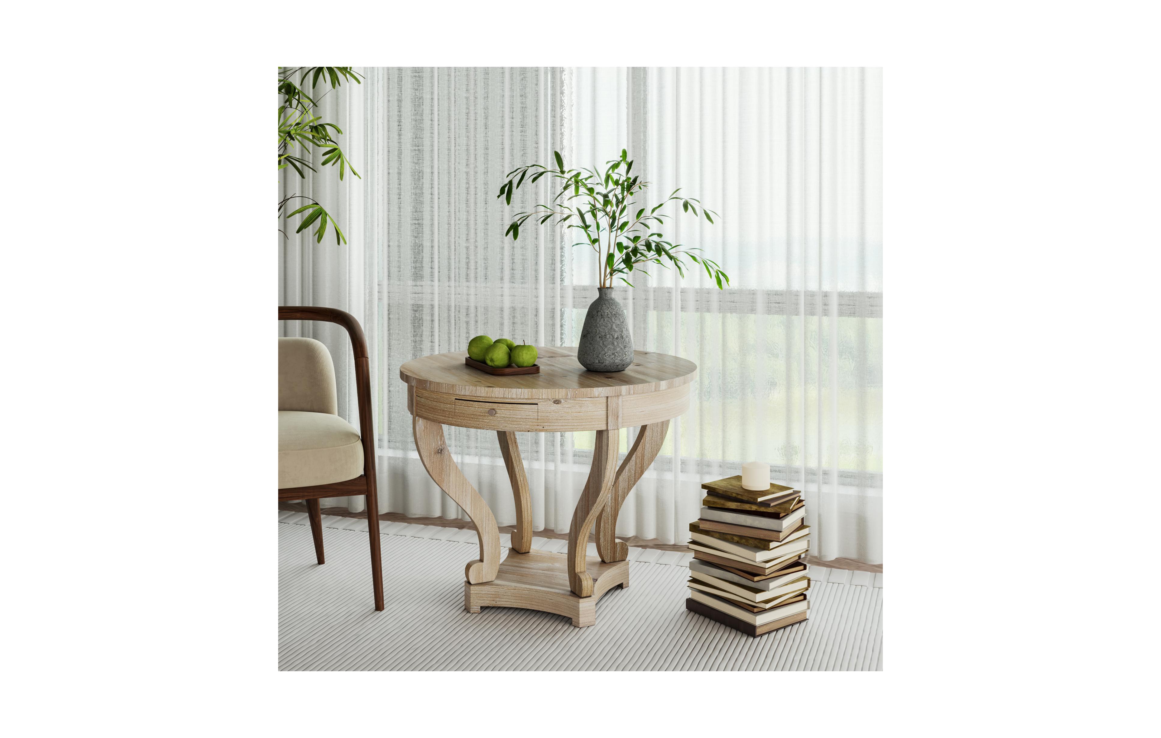 Rainsken Farmhouse Coffee Table, 31.5" Round Wood Center Table with 2 Storage Drawers and Curved Legs, Small End Table for Living Room, Office