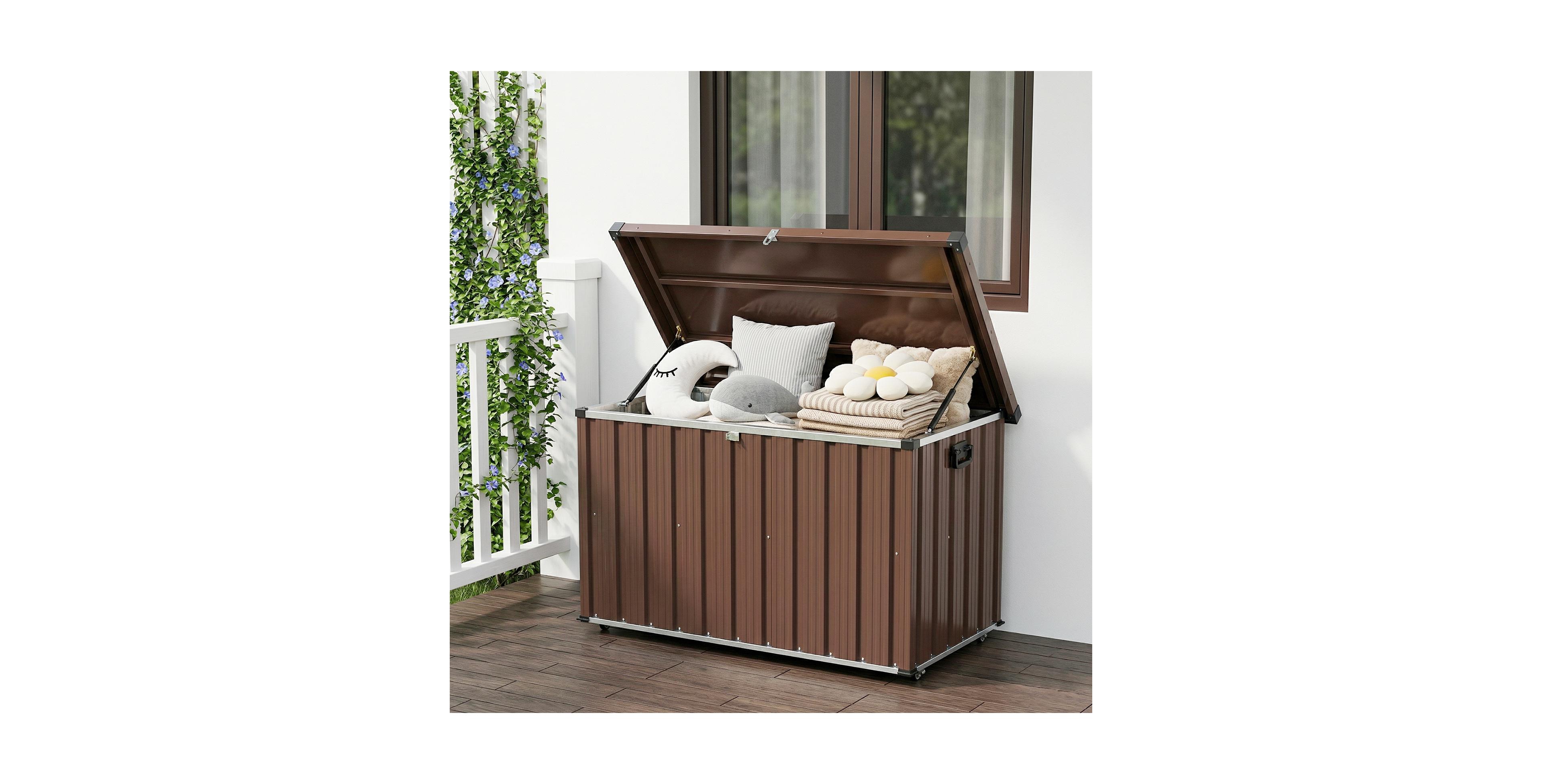 homfan 120-200 Gallon Metal Deck Box, Galvanized Steel Outdoor Storage Box with Wheels and Handles for Patio Pool Backyard Garden