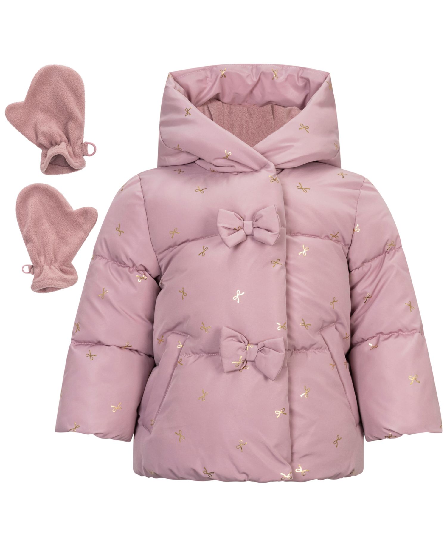 Baby Girls' Hooded Foil-Print Fleece-Lined Puffer Jacket and Mittens, 2-Piece Set