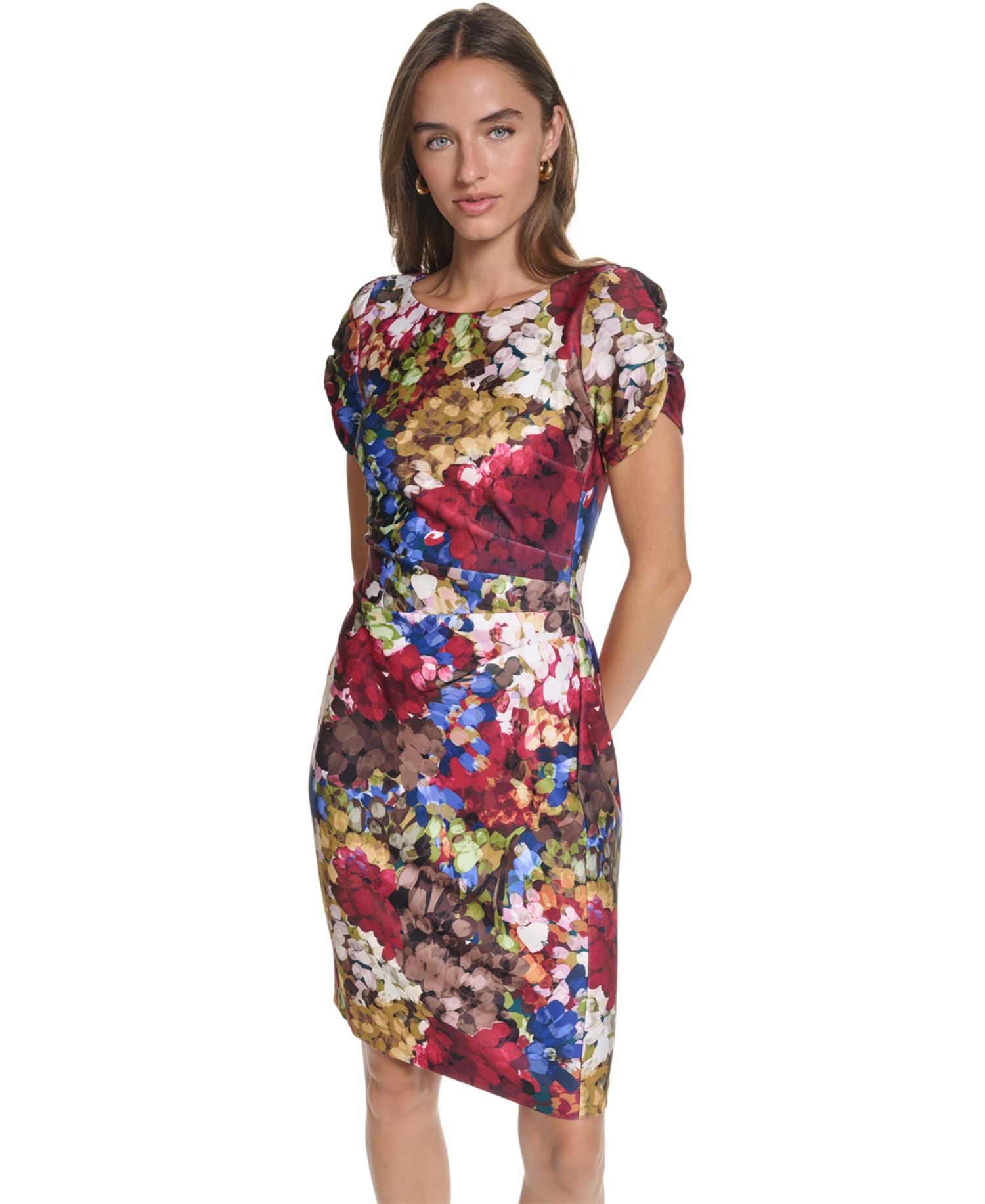 Women's Floral-Print Short-Sleeve Scuba Crepe Dress