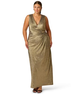 Plus Size Metallic Knit Plunging V-Neck Gown