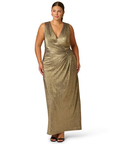 Женское платье Adrianna Plus Size Metallic Knit Plunging V-Neck Gown, цвет: Золотой