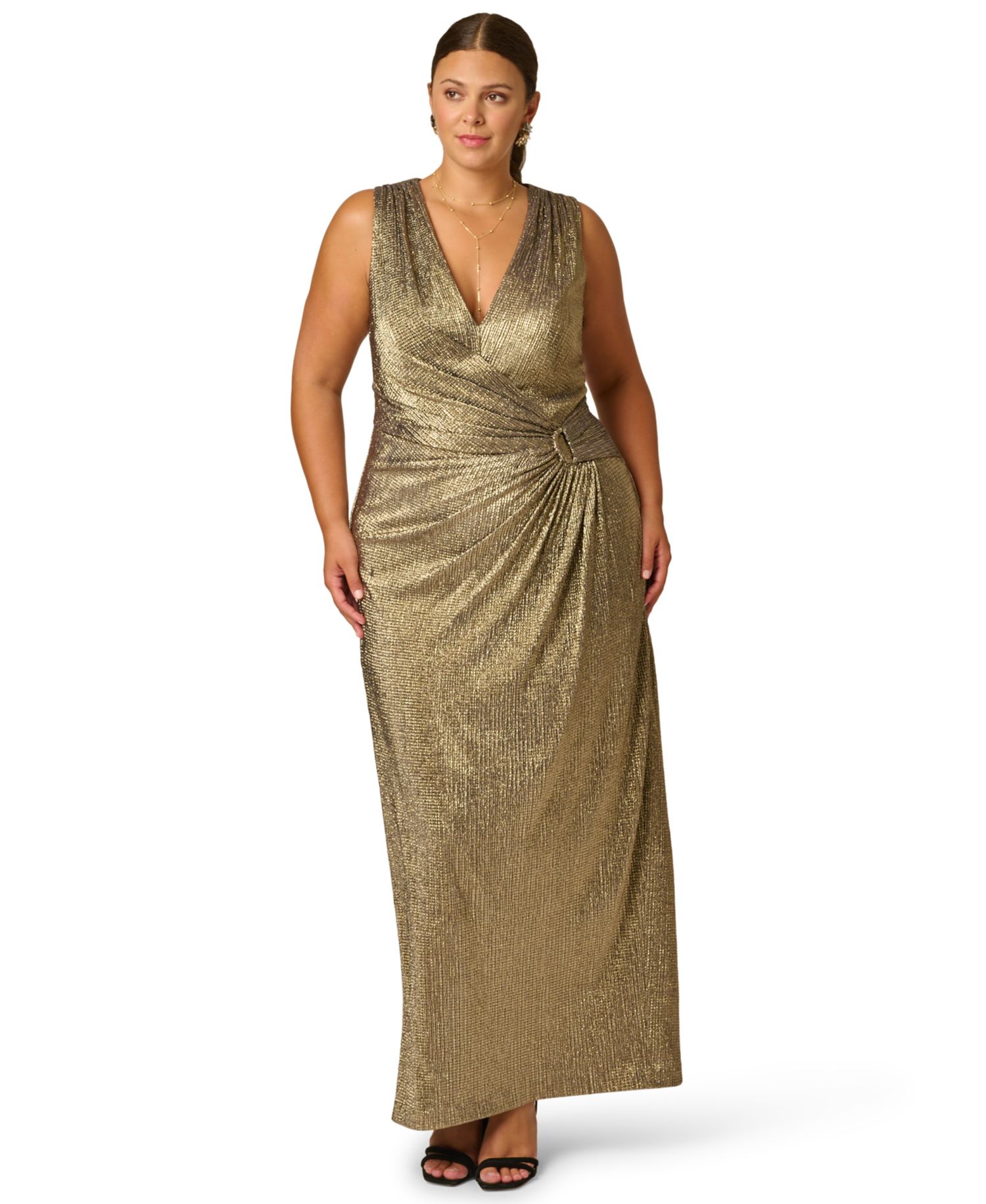 Plus Size Metallic Knit Plunging V-Neck Gown