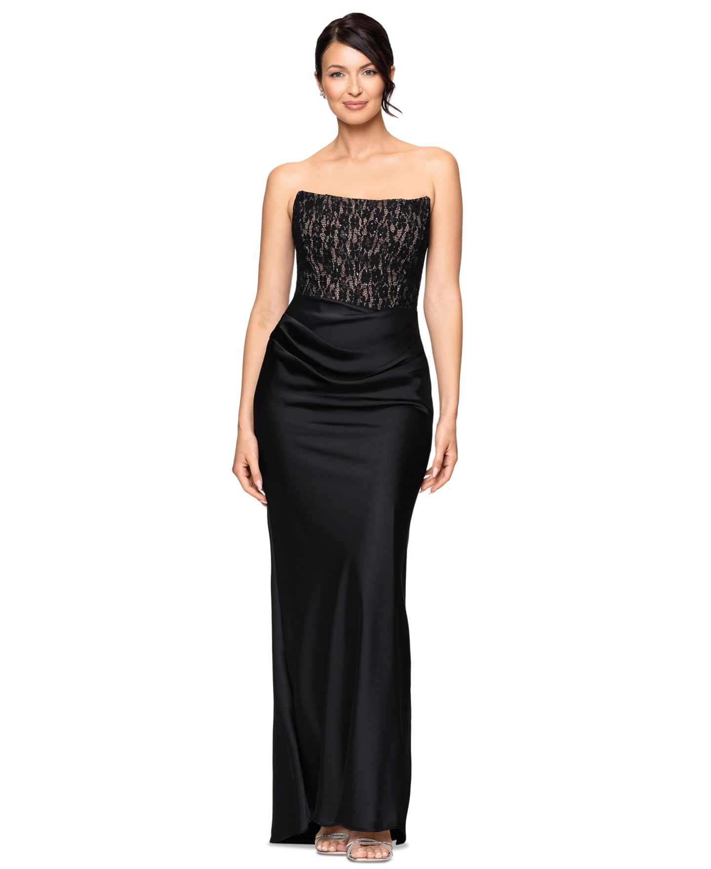 Женские платья Betsy & Adam Petite Off-the-Shoulder Lace Ruched Gown, цвет: Чёрный телесный — фото 1