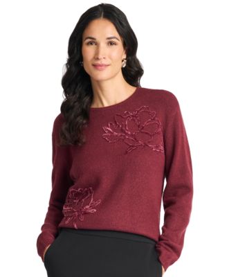 Women's Chenille Floral Embroidery Crewneck Sweater