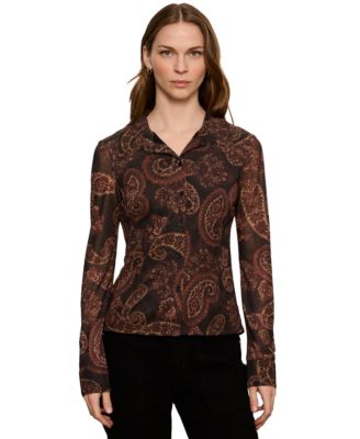 Petite Long-Sleeve Mesh Paisley Blouse