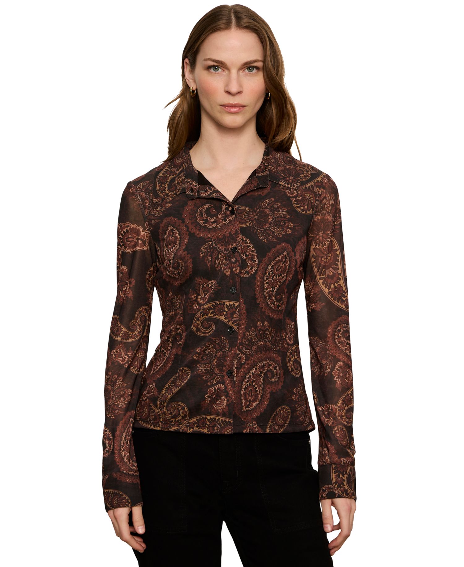 Petite Long-Sleeve Mesh Paisley Blouse
