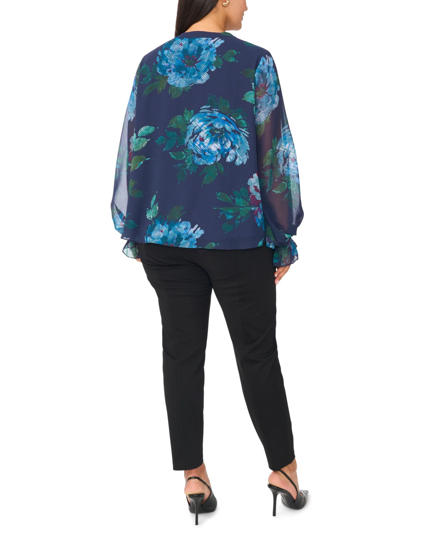 Plus Size Split-Neck Floral-Print Long-Sleeve Blouse
