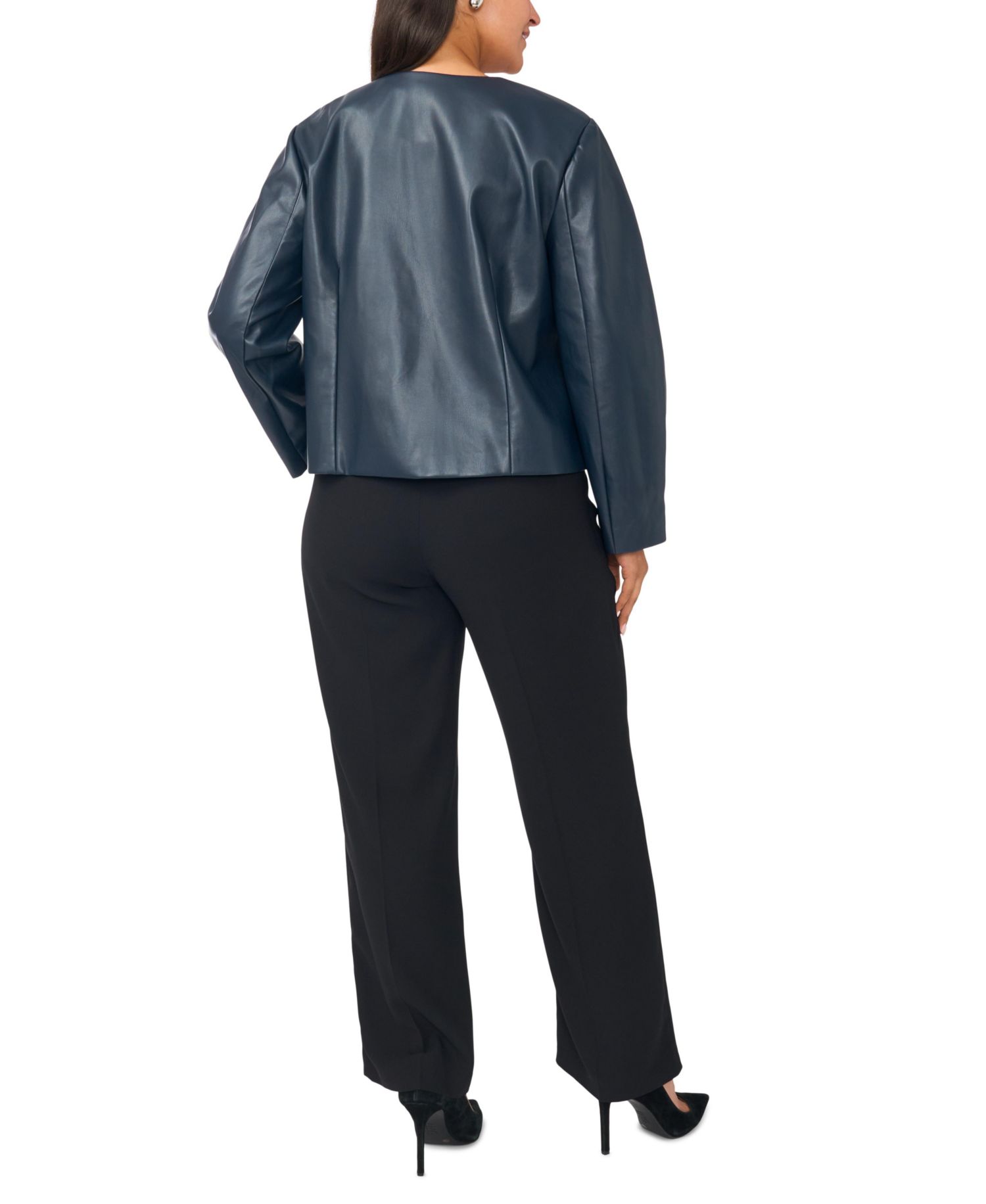 Plus Size Balloon Sleeve Faux Leather Crewneck Jacket