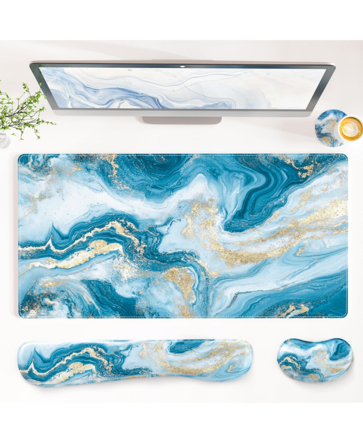 Lofree 4 in 1 Pu Leather Desk Mat Set Wrist Rest Coaster Non Slip Office Gaming Accessories - Blue fluid art 31.5" x 15.7"