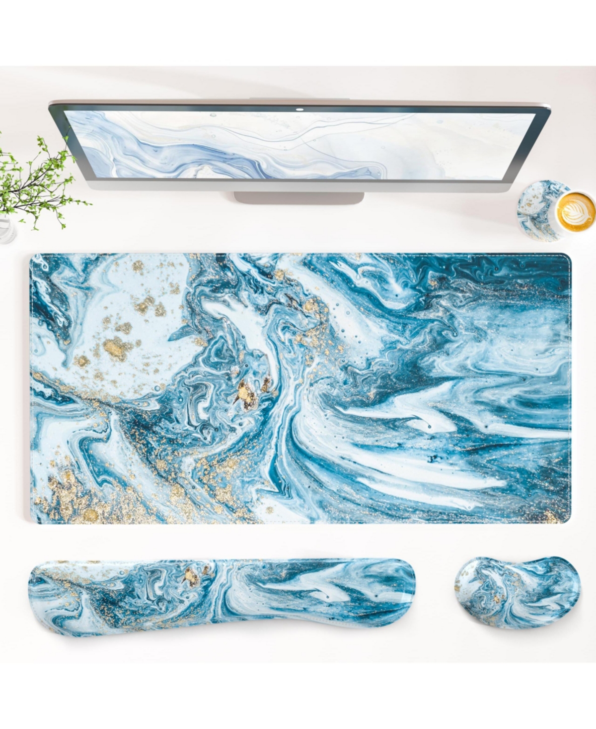 Lofree 4 in 1 Pu Leather Desk Mat Set Wrist Rest Coaster Non Slip Office Gaming Accessories - Blue marble 31.5" x 15.7"