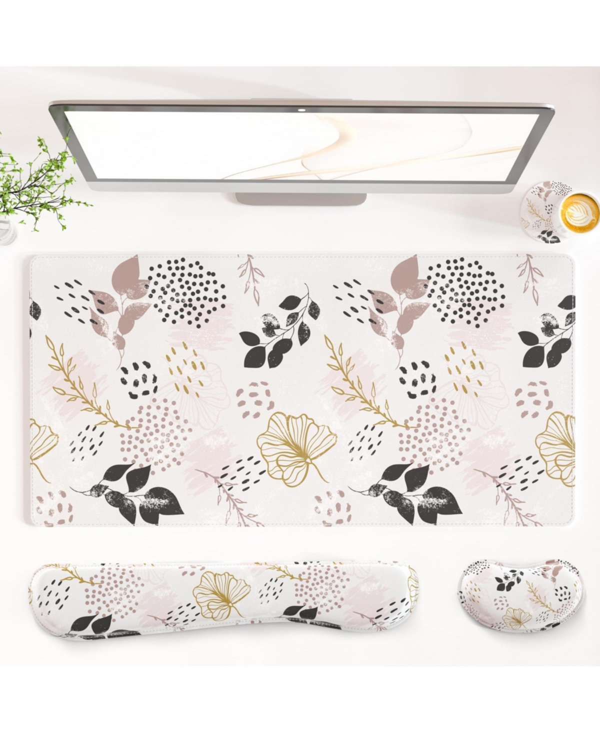 Lofree 4 in 1 Pu Leather Desk Mat Set Wrist Rest Coaster Non Slip Office Gaming Accessories - Botanical leaves 31.5" x 15.7"