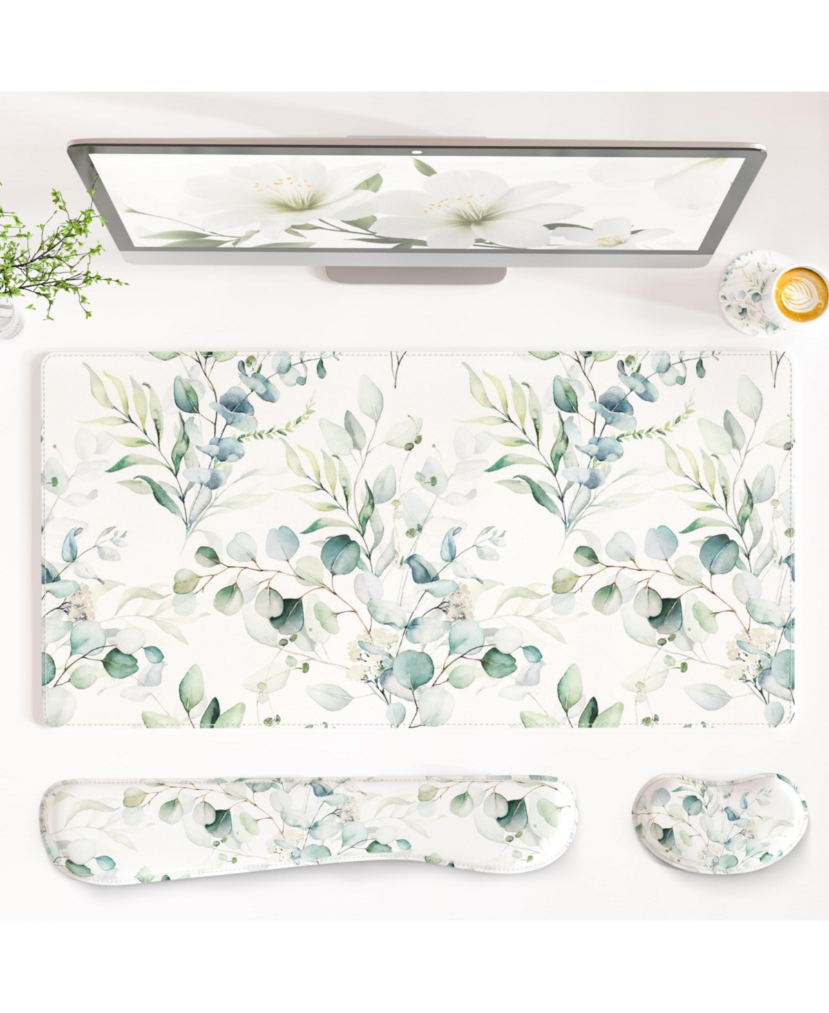 Lofree 4 in 1 Pu Leather Desk Mat Set Wrist Rest Coaster Non Slip Office Gaming Accessories - Eucalyptus branches 31.5" x 15.7"