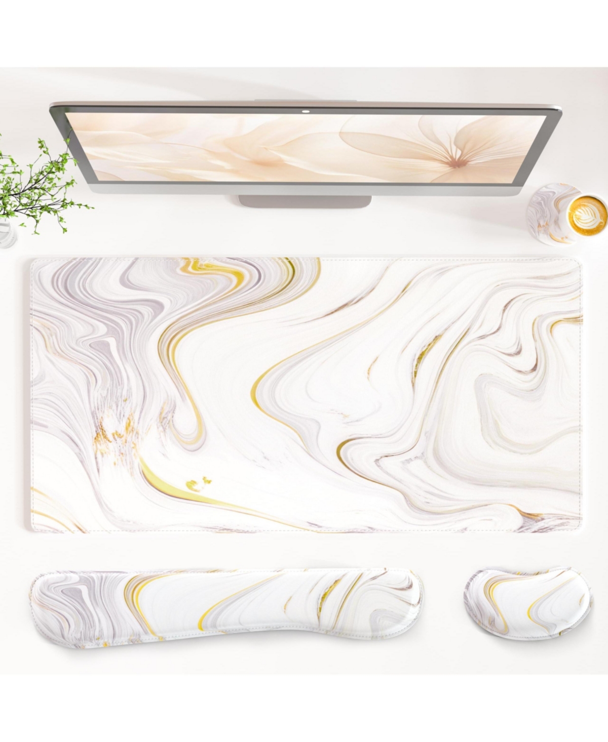 Lofree 4 in 1 Pu Leather Desk Mat Set Wrist Rest Coaster Non Slip Office Gaming Accessories - Gray white marble 31.5" x 15.7"