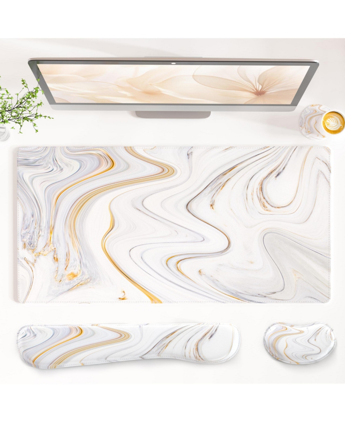 Lofree 4 in 1 Pu Leather Desk Mat Set Wrist Rest Coaster Non Slip Office Gaming Accessories - White marble stripes 31.5" x 15.7"