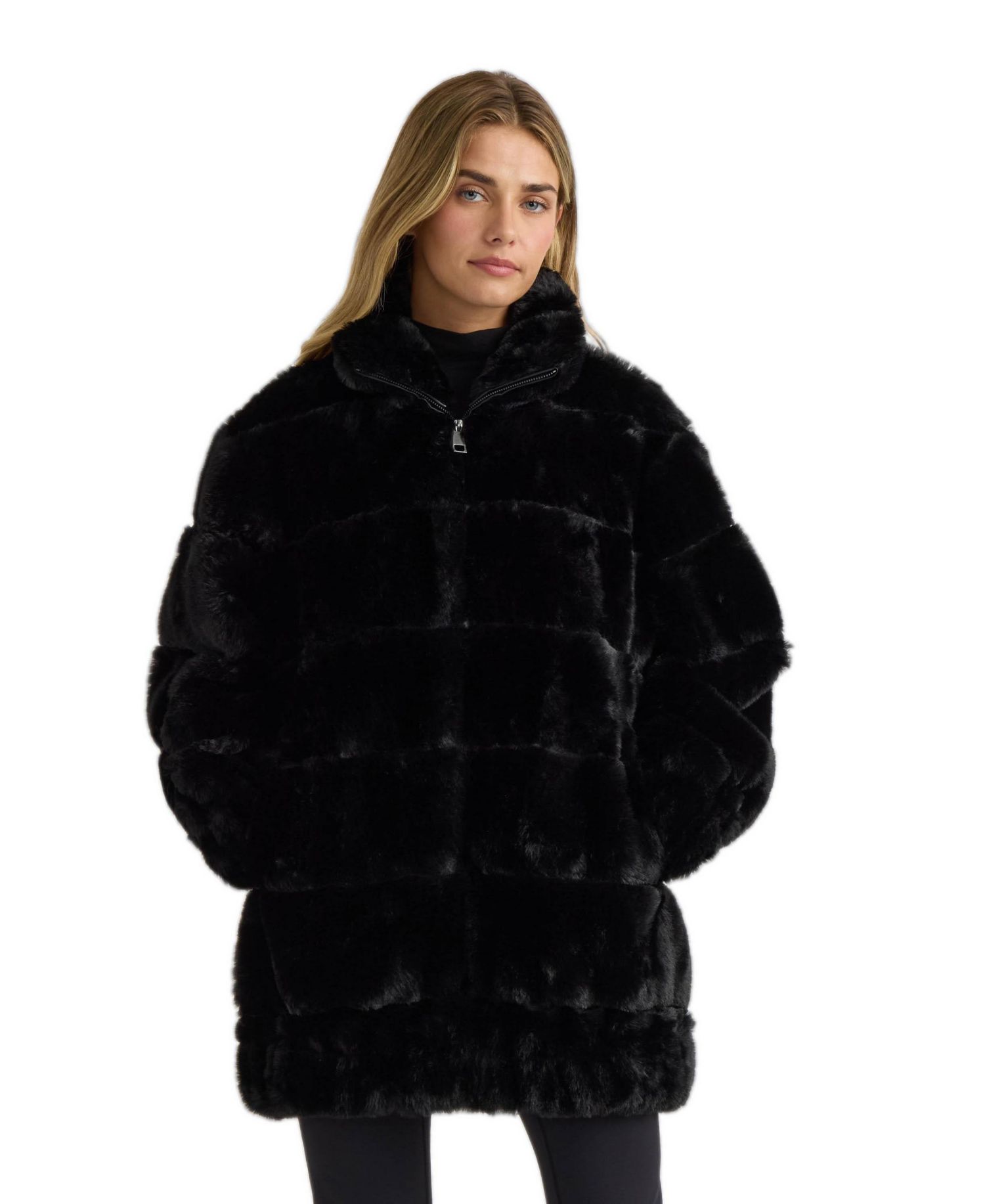 Women's faux fux zip Jacket With Elastic Waistband and Cuffs