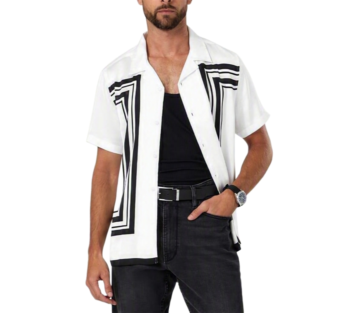 Guess Men's Border Framed Camp-Collar Geometric-Print Short-Sleeve Shirt - Salt White Multi