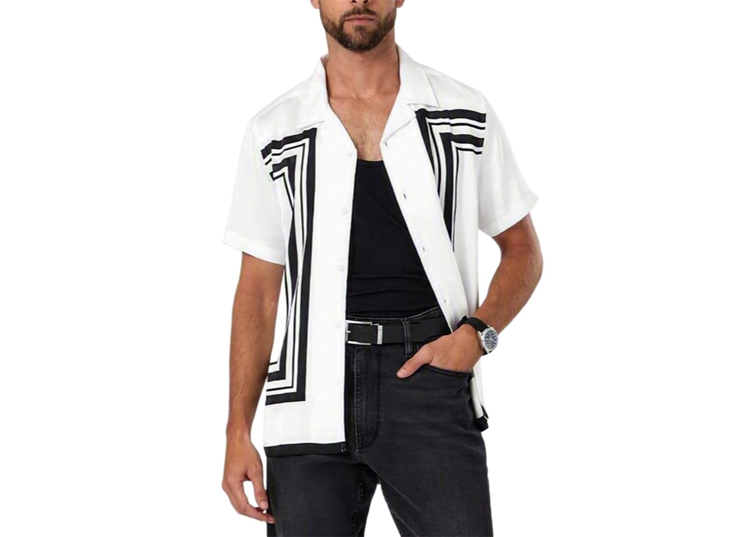 Men's Border Framed Geometric-Print Short-Sleeve Shirt