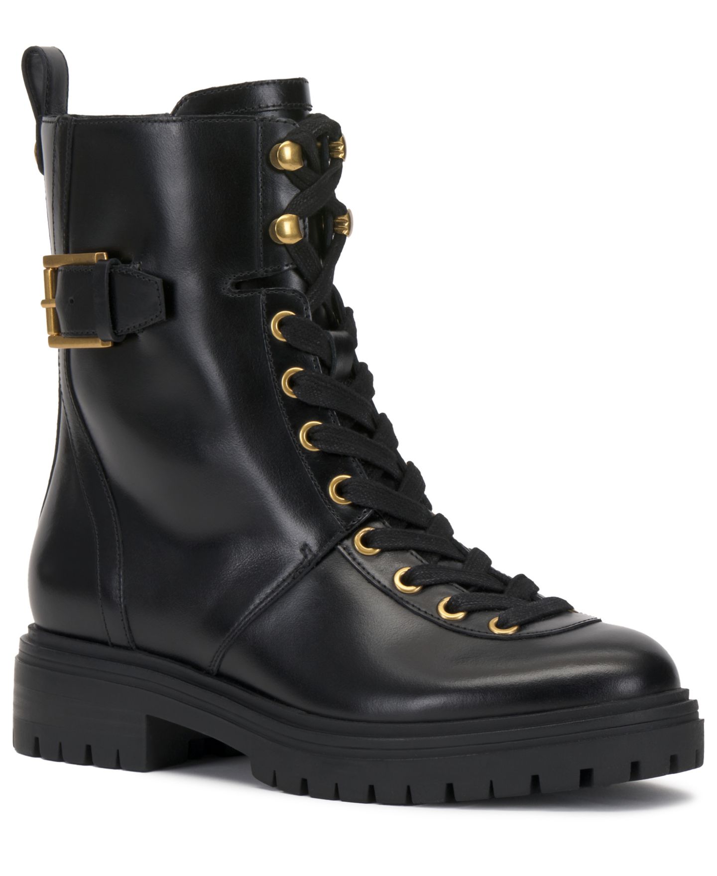 Женские ботинки Vince Camuto Becinda Lace-Up Combat Booties, цвет: Чёрный замшевый / Чёрный кожаный — фото 1