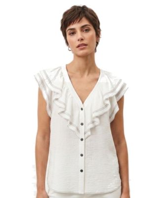 Women's Ruffle Sleeve V-Neck Woven Top