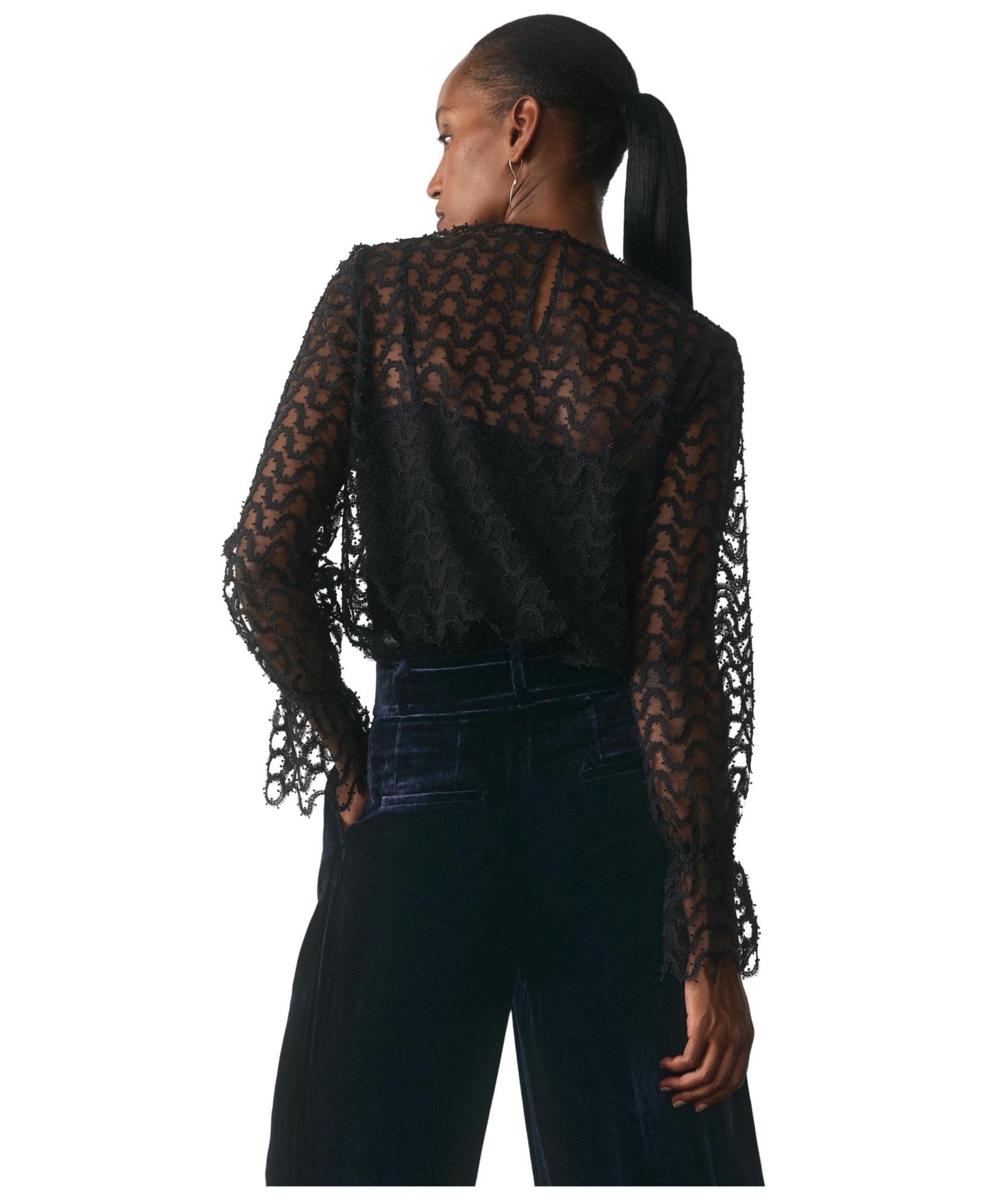Женская блузка The Fold Aliano Sheer Embroidered Lace Beaded Long-Sleeve, цвет: Чёрный — фото 3