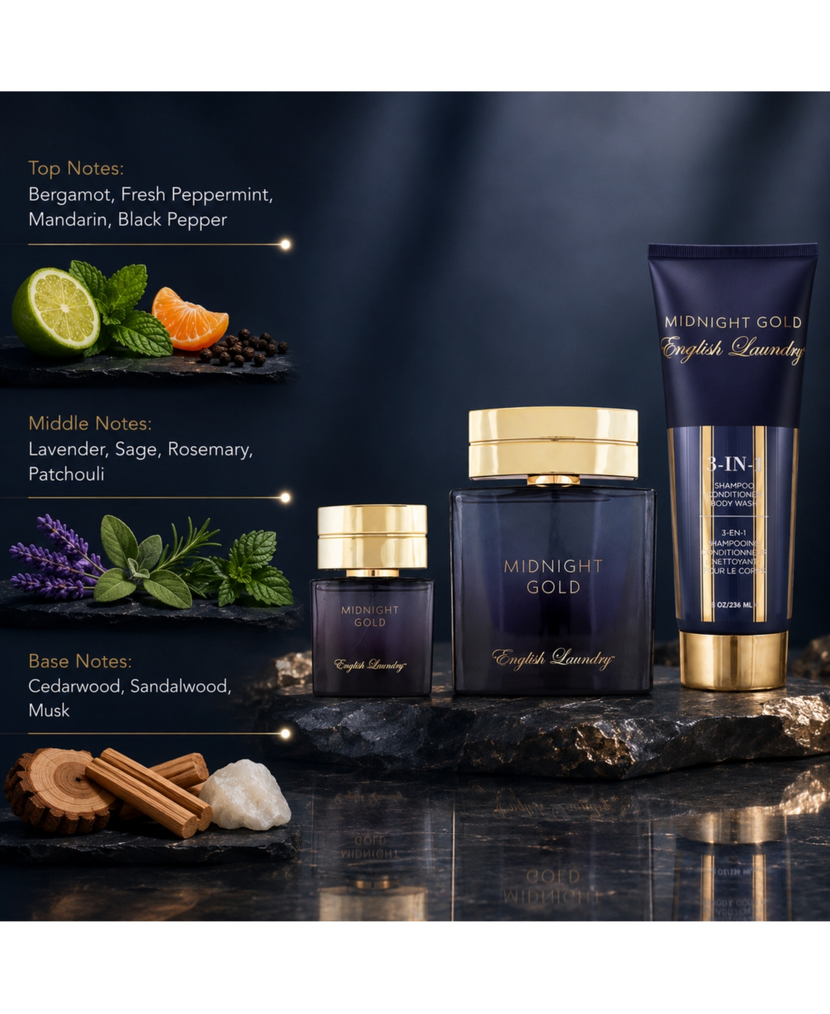 English Laundry Men's 3 Piece Midnight Gold Eau de Parfum Gift Set