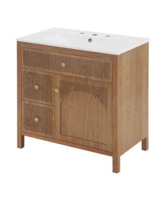 Freestanding Farmhouse Bathroom Vanity with White Ceramic Sink Top Acacia Wood Veneer Herringbone Chevron Soft Close Doors Full Extension Draw