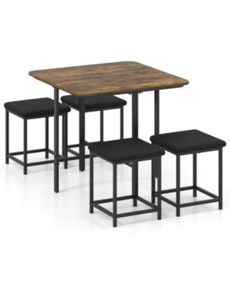 Dining Table Set with 4 Upholstered Stools Square Tabletop and X-Shaped Metal Base for 4 People
