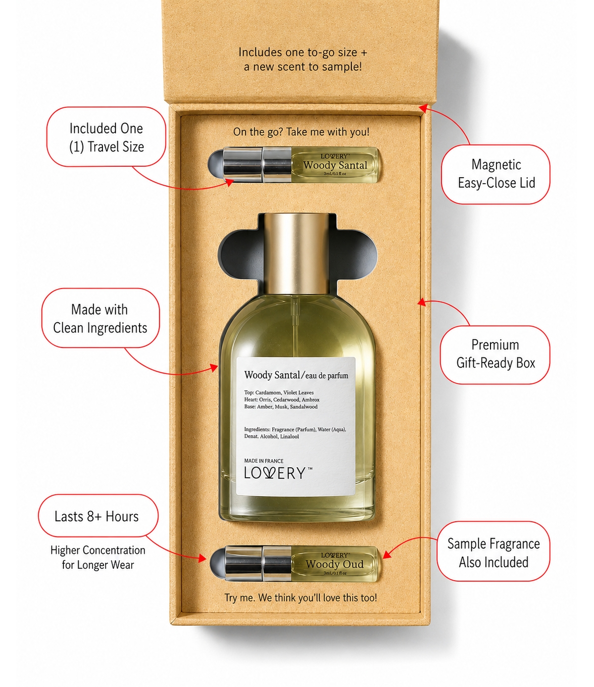 LoveryPlus Woody Santal Eau de Parfum 3pc Gift Set - 3.4fl oz Women Perfume Gift Set with 2 Mini Perfumes