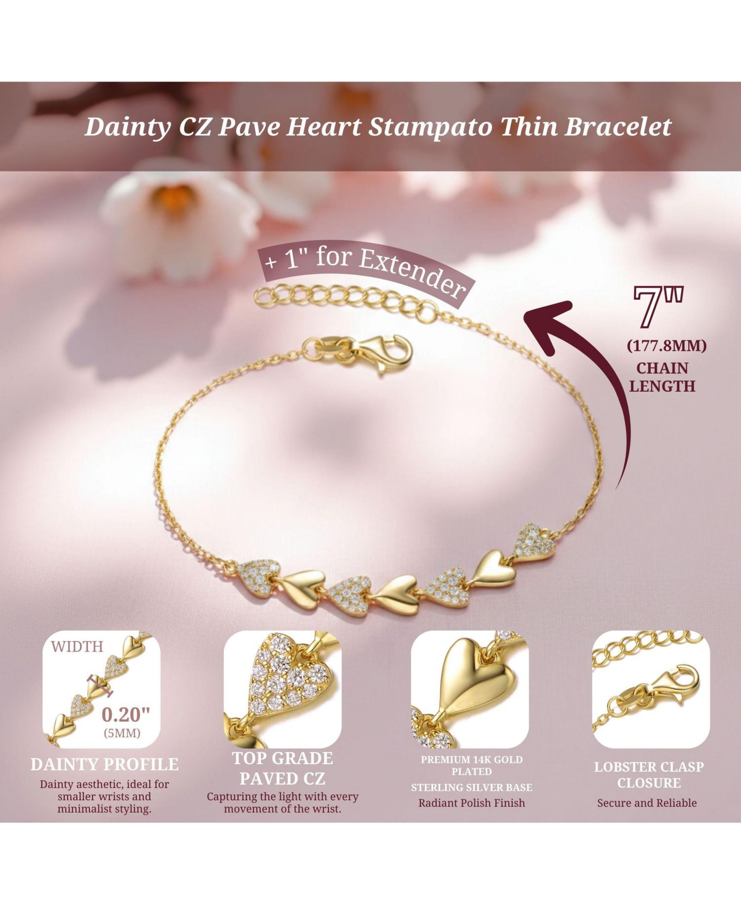 Dainty 14K Gold Plated CZ Pave Heart Stampato Thin Bracelet