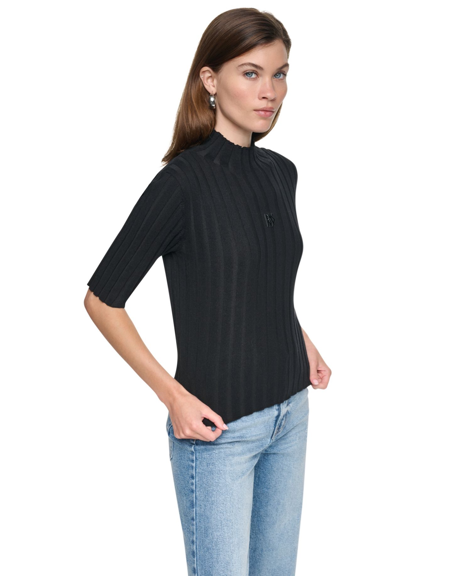Women's Elbow Sleeve Wide Rib Mock Neck Cotton Rib Knit Sweater
