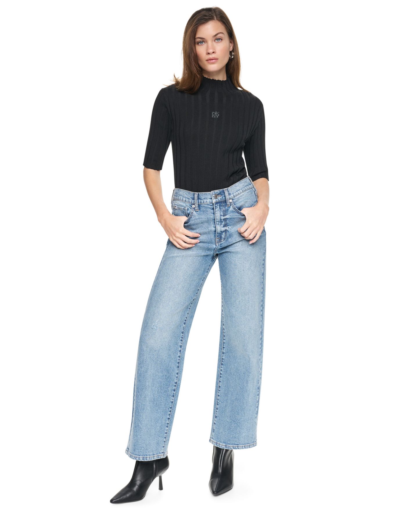 Женский свитер DKNY Jeans Elbow Sleeve Wide Rib Mock Neck Cotton Rib Knit, цвет: Чёрный — фото 2