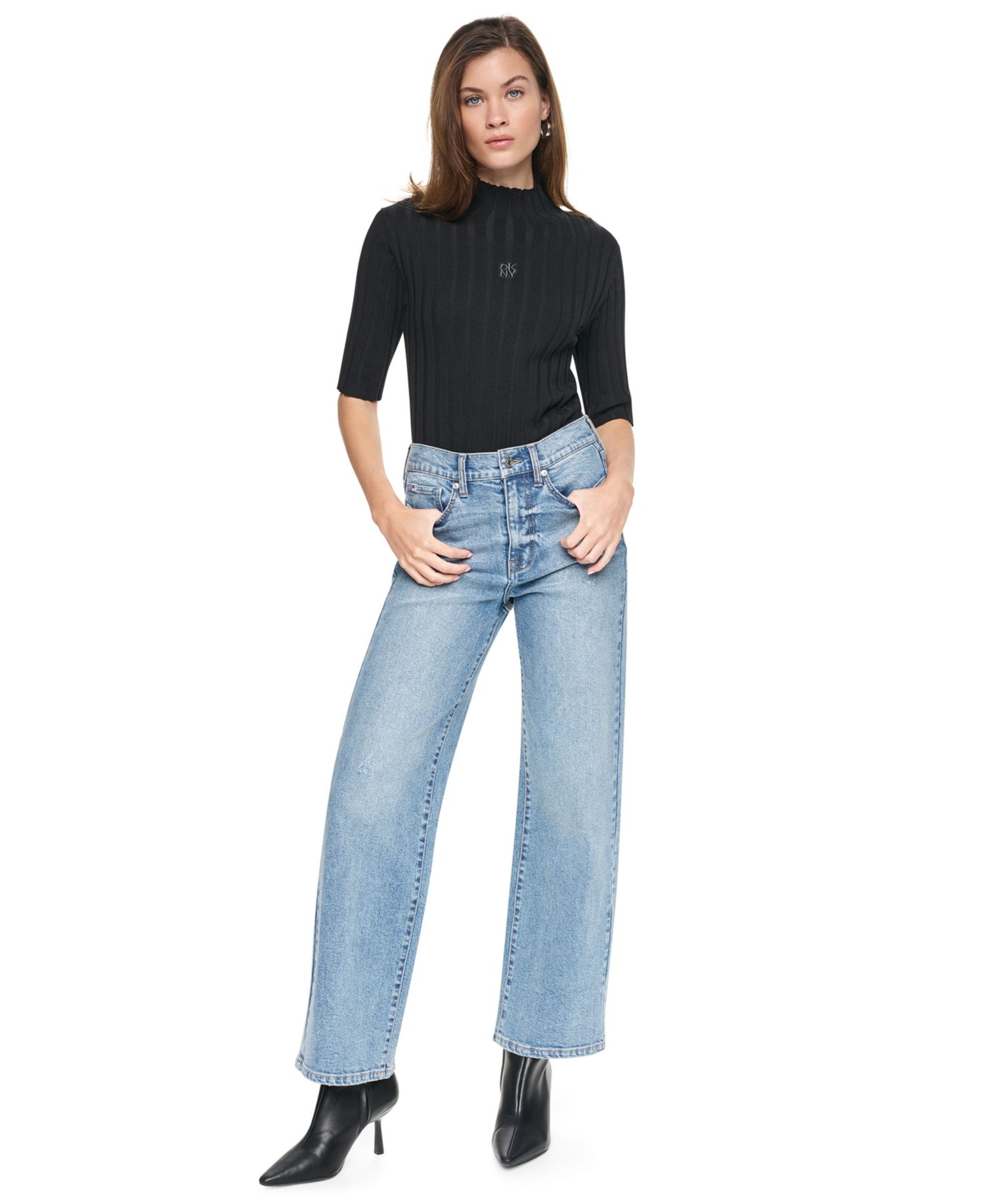 Women's Elbow Sleeve Wide Rib Mock Neck Cotton Rib Knit Sweater
