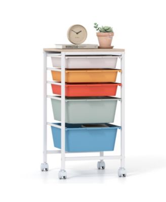 5-Drawer Rolling Storage Cart with Wooden Tabletop