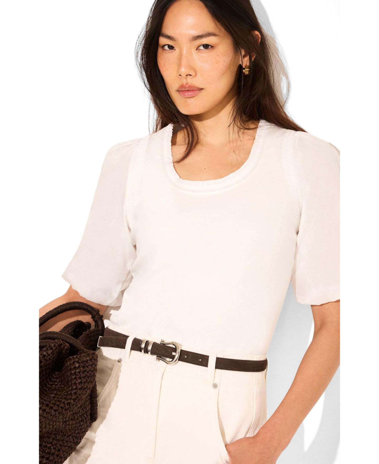 Женский топ Mint Velvet Puff-Sleeve Scoop-Neck with Trim Detailing, цвет: Слоновая кость — фото 4
