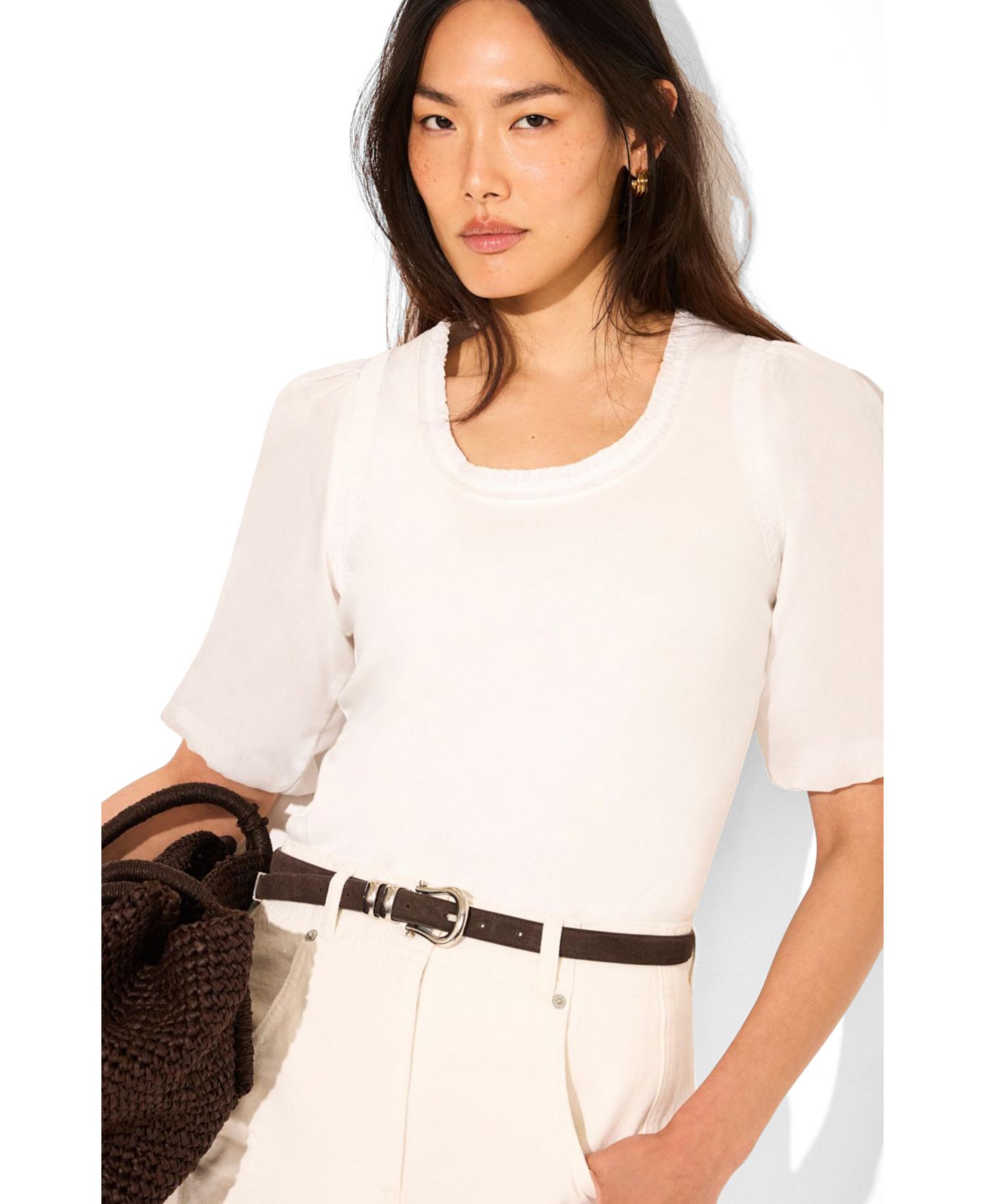 Women's Puff-Sleeve Scoop-Neck Top with Trim Detailing