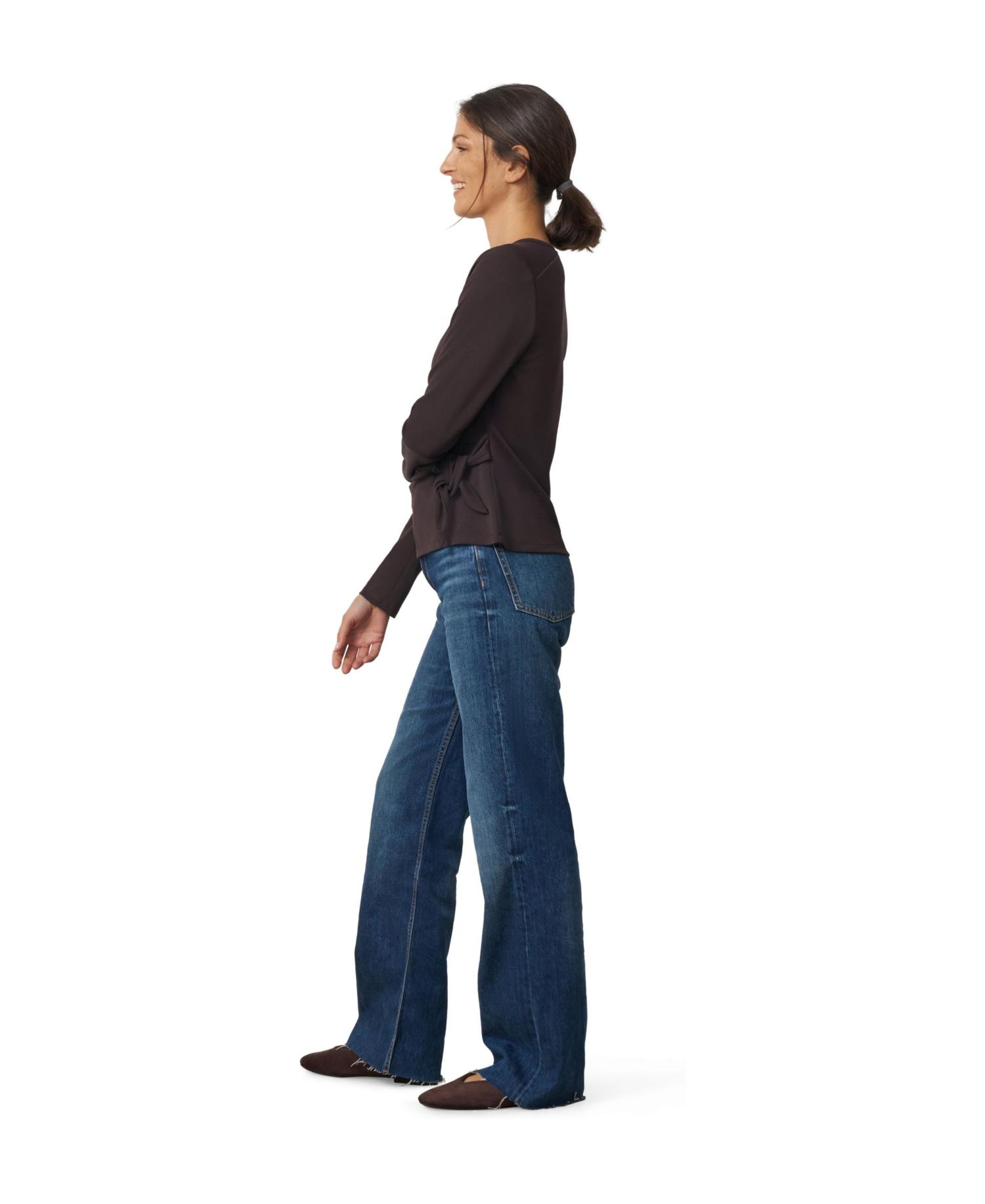 Women's Side-Tie Long-Sleeve Crewneck Knit Top