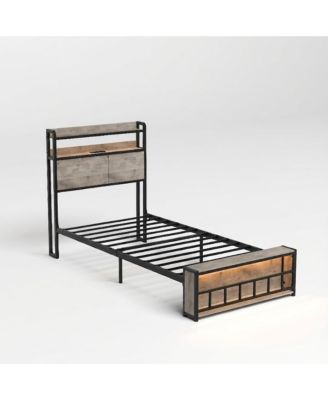 Twin Bed Frame with Headboard, Charging Station and LED Lights