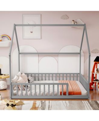  Full Size House Floor Bed with Roof, Guardrails