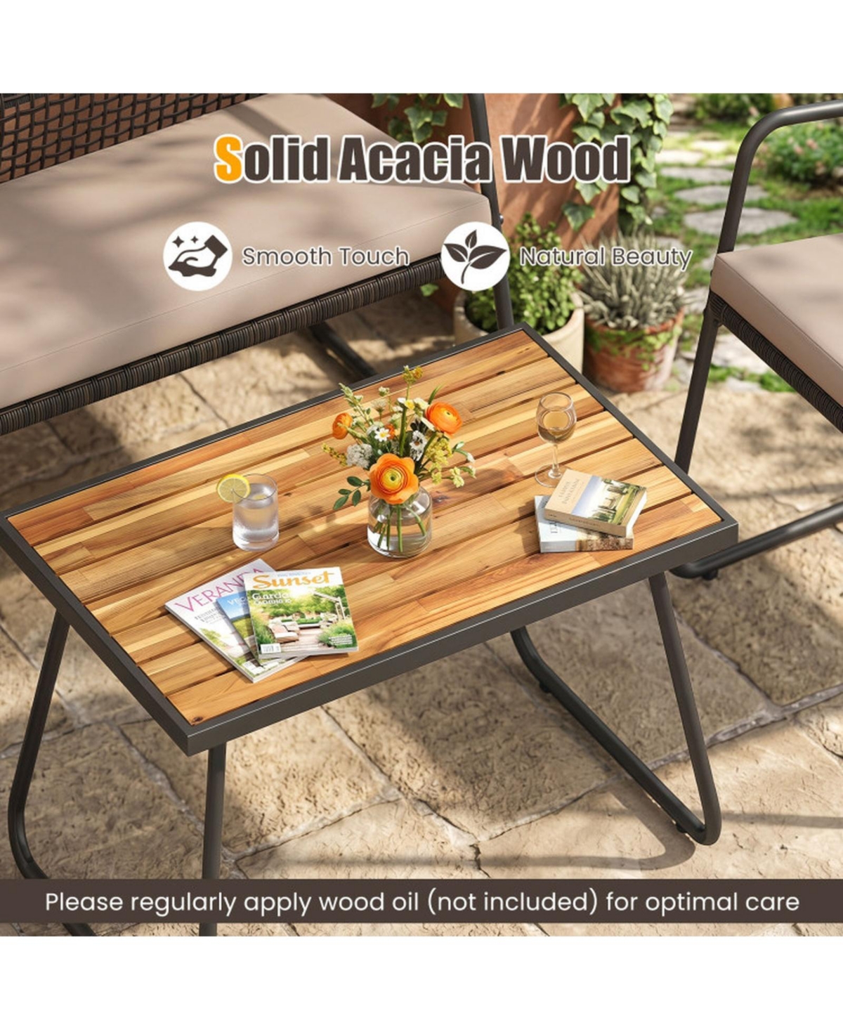 Sugift 8-Piece Patio Rattan Conversation Set with Acacia Wood Table