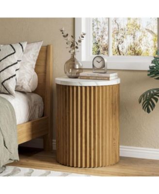 Small Round Nightstand:23.6" bedside table with faux marble top,fluted drum base.Circle side table for living room,bedroom,small spaces