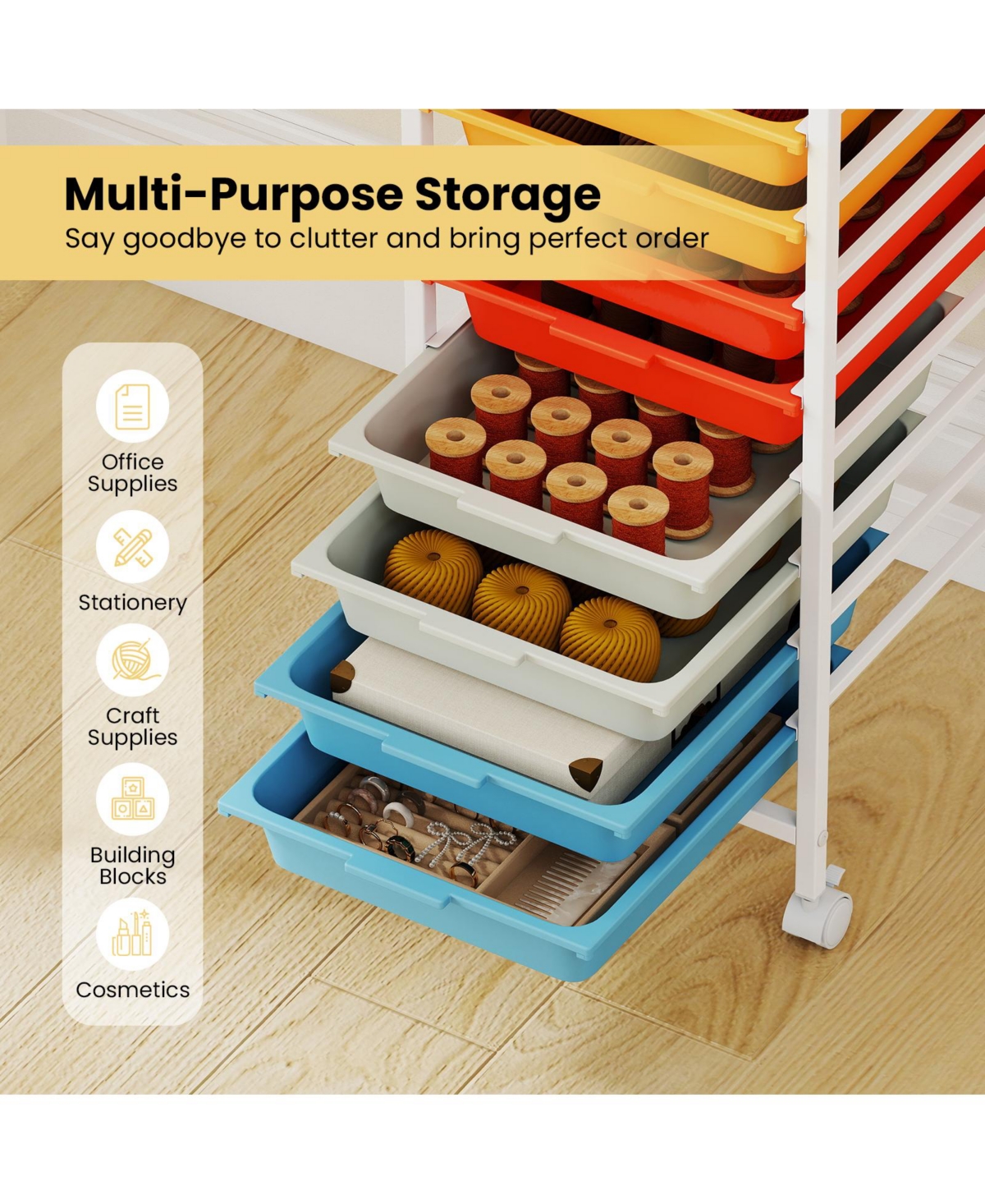 Mecale 10-Drawer Rolling Storage Cart with Wooden Tabletop