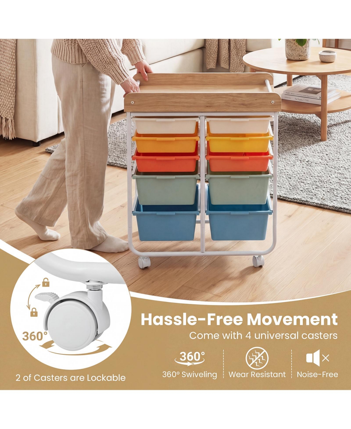 Mecale 10-Drawer Rolling Cart with Raised-Edge Wooden Top