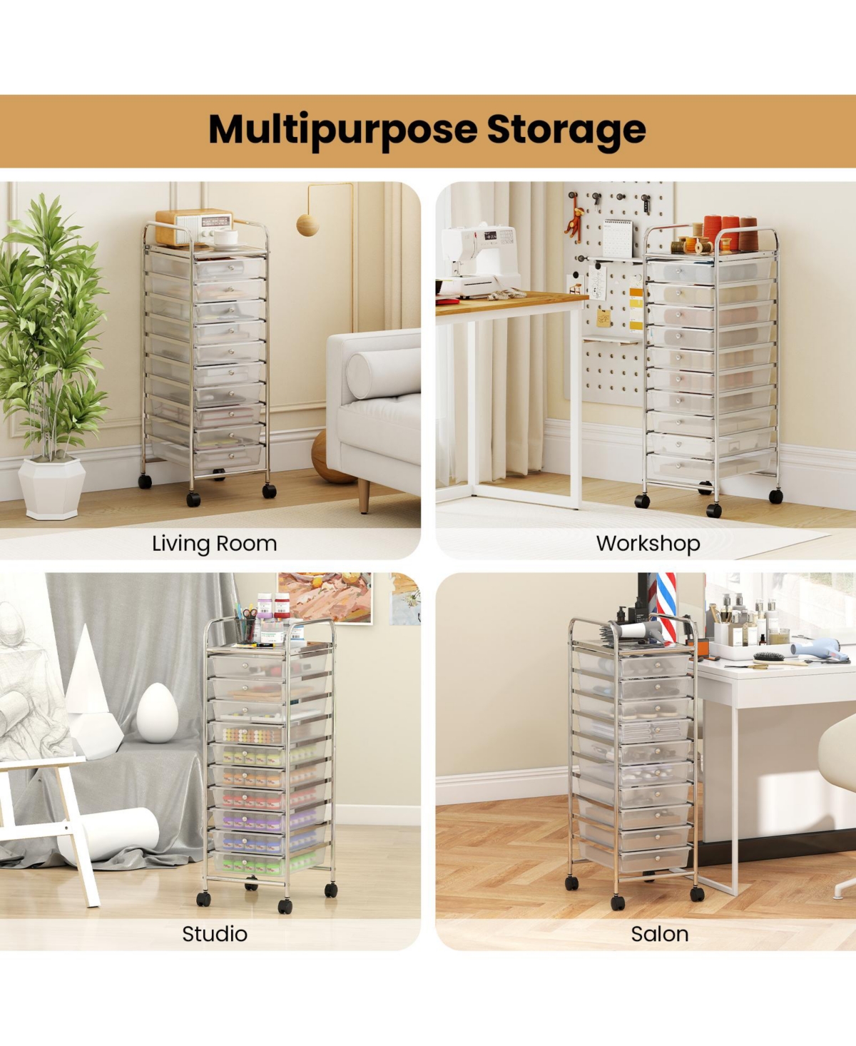 Mecale Slim 10-Drawer Rolling Cart with Chrome-Plated Frame
