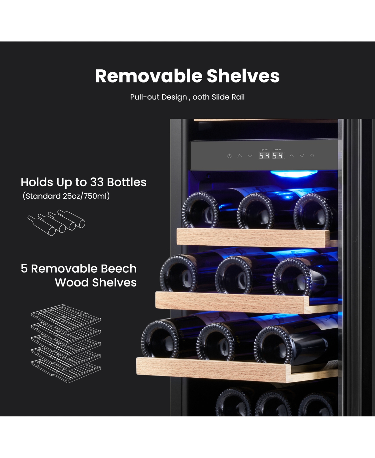 Yeego 15 Inch Dual Zone Black Wine Cooler 28 Bottles Capacity For Wine,40degree(s)F-65degree(s)F Fridge Freestanding/Built-in Home/Kitchen