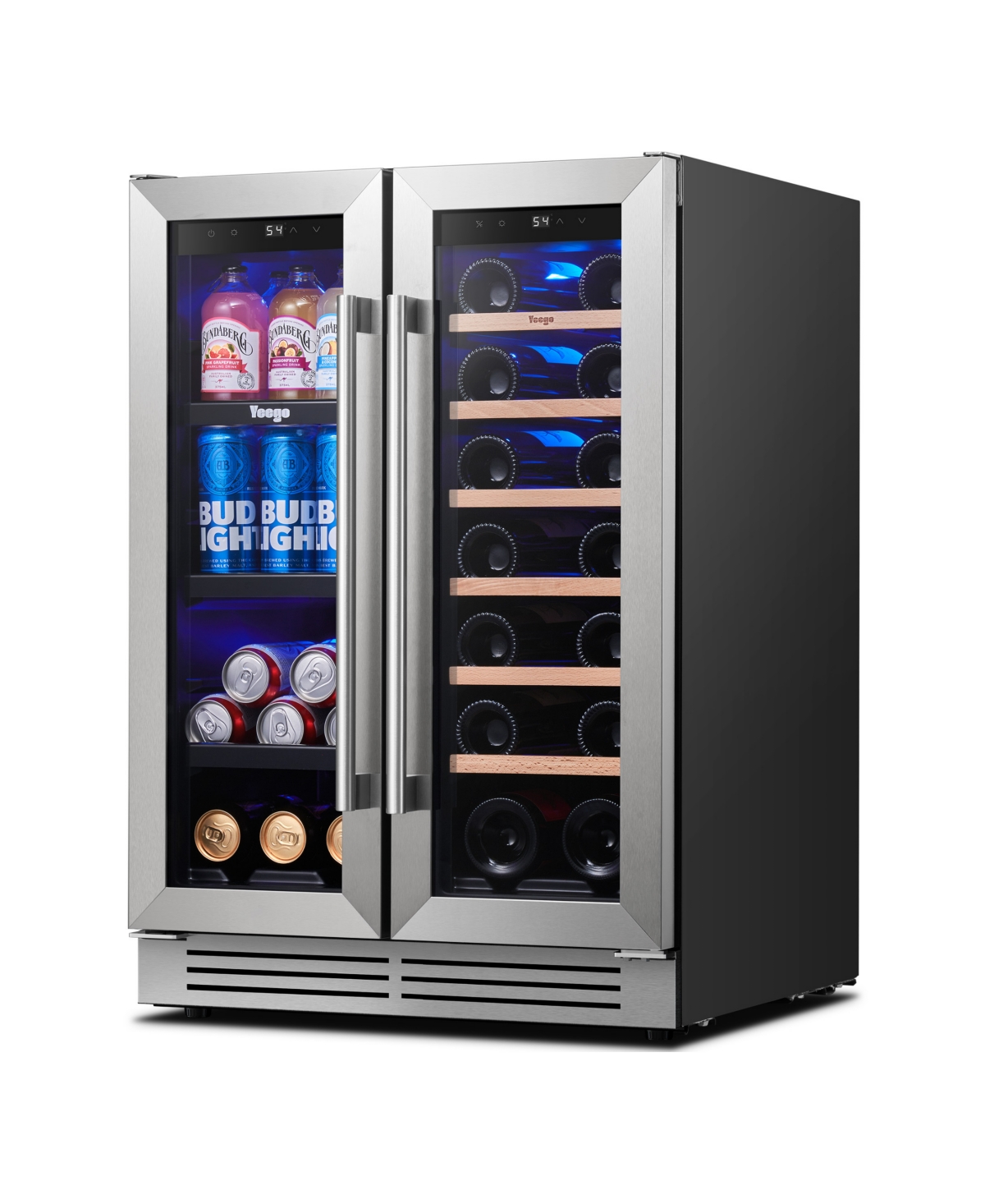 Yeego 24 Inch Dual Zone Wine CooerandBeverage Refrigerator With 2 Doors,Led Lights 60 Cans+20 Bottles 36degree(s)F-72degree(s)F Cooler