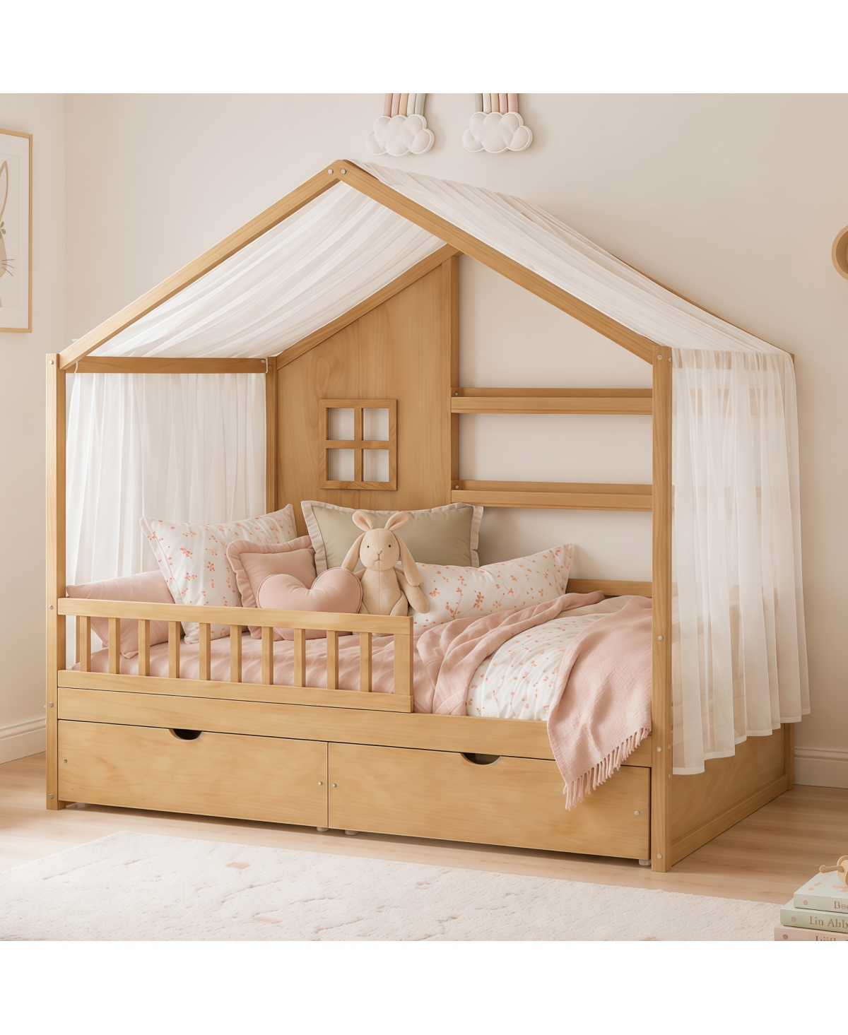 Streamdale Furniture Montessori Kids Full Floor Bed with Roof, Guardrails and 2 Drawers