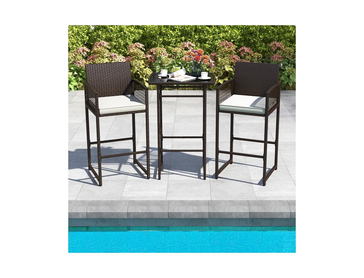 Boyel Living Patio Bar Set Outdoor Wicker Bar Height Table and Armchairs with 2 Seat Cushions