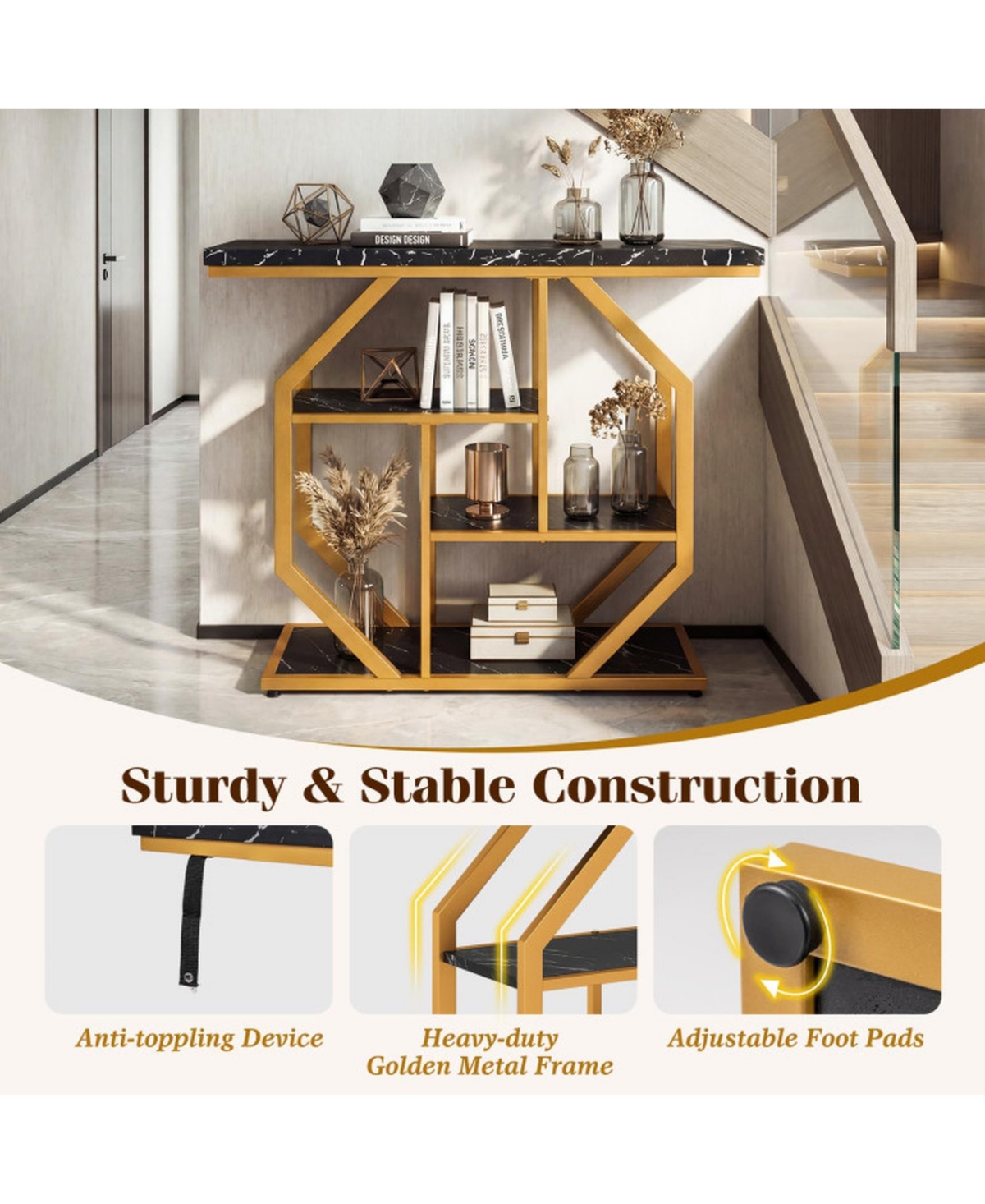 Sugift 4-Tier Modern Sofa Table Behind Couch with Faux Marble Top and Geometric Metal Frame